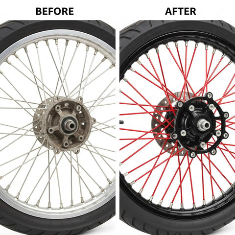 Before and after wheels with 72 Piece Red Spoke Covers For Bikes And Wheelchairs on dirt bike rim, enhancing appearance.