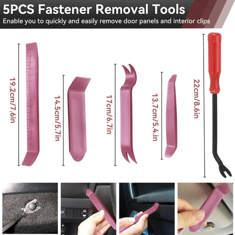 2080Piece Auto Retainer Clips Kit With Fastener Pliers And Trim Removal Tools, 5 varied pink plastic tools with measurements