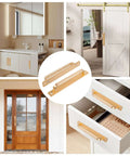 2 Pack Barn Door Handles for Cabinets and Drawers, Aluminum Alloy Flush Flat Base Pulls in Gold shown on doors and drawers