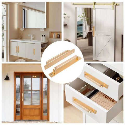 2 Pack Barn Door Handles for Cabinets and Drawers, Aluminum Alloy Flush Flat Base Pulls in Gold shown on doors and drawers