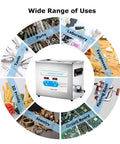 6.5L Heated Ultrasonic Cleaner With Digital Timer And Heater Deep Cleaning For Carburetors, Engine Parts, Jewelry, Tools, Eyeglasses, Industrial grade Stainless Steel Bath Ultra Sonics Machine in a circular infographic describing uses.