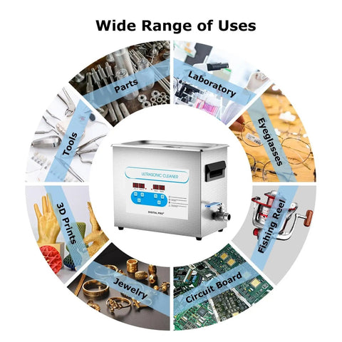 6.5L Heated Ultrasonic Cleaner With Digital Timer And Heater Deep Cleaning For Carburetors, Engine Parts, Jewelry, Tools, Eyeglasses, Industrial grade Stainless Steel Bath Ultra Sonics Machine in a circular infographic describing uses.