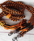 Split Reins For Horse Roping And Barrel Racing Nylon Braided Western Tack In Orange And Black 8ft With Quick Attach Conway Buckles