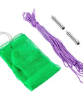 Heavy Duty Twelve Foot Lake Roller Weed Cutter And Pond Aquatic Plant Grabber With Lightweight Aluminum Pole Stainless Steel Teeth for muck cleanup accessories including green net and purple rope.