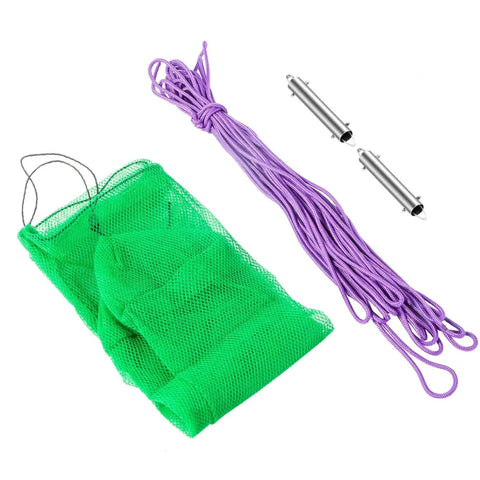 Heavy Duty Twelve Foot Lake Roller Weed Cutter And Pond Aquatic Plant Grabber With Lightweight Aluminum Pole Stainless Steel Teeth for muck cleanup accessories including green net and purple rope.