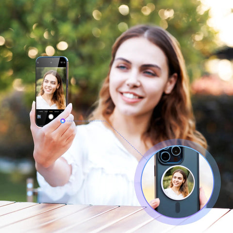 Model using 2.2 Inch Magnetic Selfie Mirror For Rear Camera Wide Angle Convex Lens On Iphone 17 Air 16 15 14 13 12 Series.