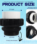 Product dimensions of Hi Temp 2 Inch PVC Union 2 Pack for pool pumps, showing 2.7 inch and 2.3 inch measurements with secure O-ring.