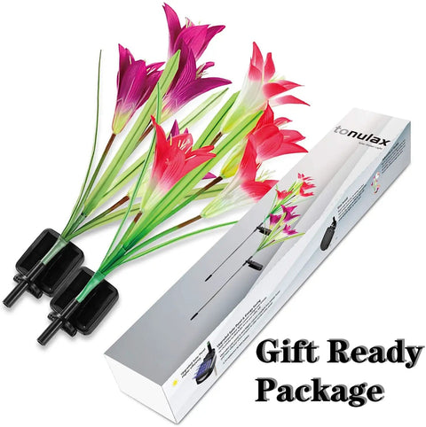 Gift-ready package of Outdoor Solar Lily Lights 4 Pack, Upgraded Fabric Lily With Wider Solar Panel For Faster Charging