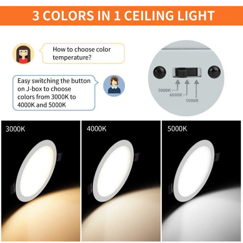 3 colors adjust switch of 4 Pack 4 Inch LED Recessed Canless Ceiling Lights With Junction Box For Home Or Office 3000K 4000K 5000K Adjustable Color Temp 9W 75W Equivalent 750LM Dimmable ETL And Energy Star Listed