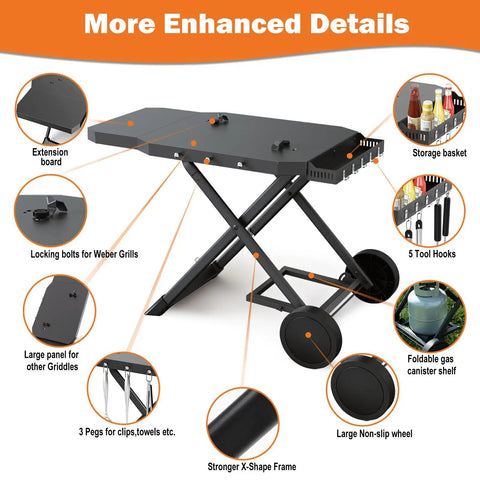 Foldable Grill Cart Stand for Weber Q Series with extension board and storage basket