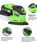 Garage Shop Ready Compact Detail Sander With 1.1A Motor Delivers 14,000 OPM For Smooth Woodworking highlighting dust collection