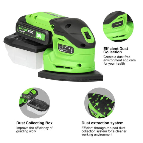 Badass 20V Cordless Detail Sander With 2 Amp Hour Battery And Twenty Sanding Discs For Smooth Wood Finishing And Zero Hassle Metal Polishing Delivering Killer 12000 RPM Power For Quick Home Projects with dust collecting box.