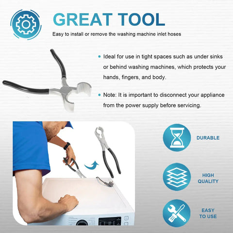 Washer Hose Plier For No Sweat Grip And Tight Seal On Washing Machine Inlet Hoses Universal Fit For Front Load And Top Load Washers With Indented Water Valves And Hard To Reach Hose Connections, black handled pliers shown on washer