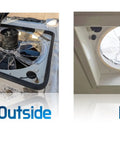 Beef Up Your RV Vent With This 12 Inch Fan Blade And Screen 1200 CFM High Airflow Motor Assembly For Quiet Roof Vent Repair Replacement Kit Fits Most Standard RV Fans Easy Install showing outside and inside view of installation