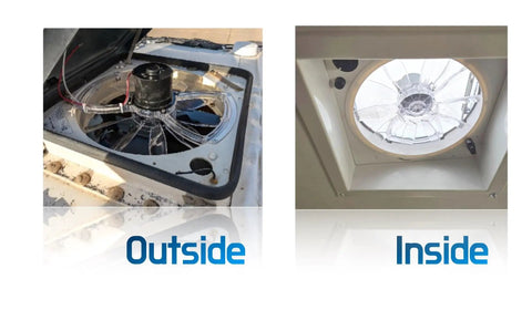 Beef Up Your RV Vent With This 12 Inch Fan Blade And Screen 1200 CFM High Airflow Motor Assembly For Quiet Roof Vent Repair Replacement Kit Fits Most Standard RV Fans Easy Install showing outside and inside view of installation