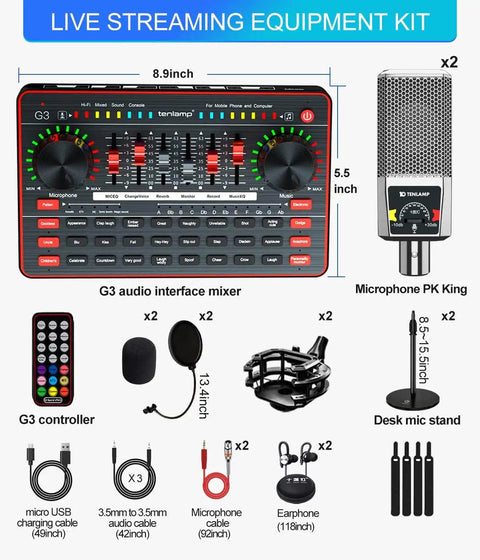 All-In-One Podcast Studio Bundle With Audio Mixer And Sound Card, dual 3.5mm condenser mics, G3 audio interface, streaming-ready gear