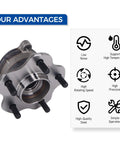 Rear Wheel Hub And Bearing Assembly For JX35 2013 QX60 2014 2020 Altima 2019 2023 Murano 2015 2023 Pathfinder 2013 2020 With ABS Top Notch Wheel Hub Bearing Replacement next to benefits list on white background.