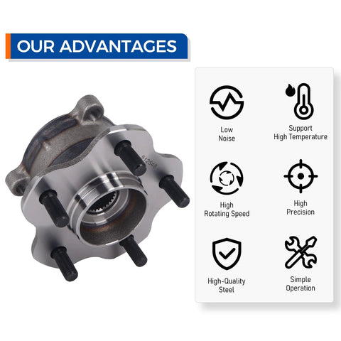 Rear Wheel Hub And Bearing Assembly For JX35 2013 QX60 2014 2020 Altima 2019 2023 Murano 2015 2023 Pathfinder 2013 2020 With ABS Top Notch Wheel Hub Bearing Replacement next to benefits list on white background.