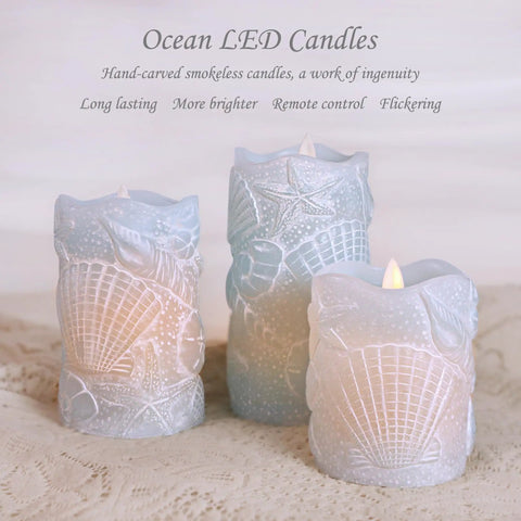 Ocean Themed Flameless Seashell Candles With Remote Control Real Wax Flicker Effect Battery Powered For Home Decor Party Wedding Nautical Christmas Easter Set Of 3 Blue