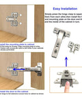Installation guide showing 90 Degree Soft Close Cabinet Hinges for Blind Corner Cabinets, detachable chrome finish, easy install.