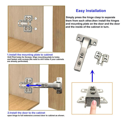 Installation guide showing 90 Degree Soft Close Cabinet Hinges for Blind Corner Cabinets, detachable chrome finish, easy install.