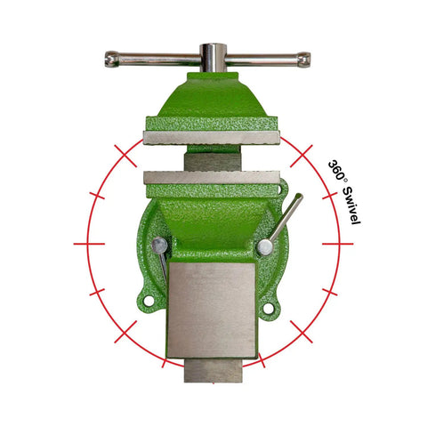 Heavy Hitter 4 Inch Bench Vise With 360 Degree Swivel Base and No Nonsense Clamping Power For Home Shop Woodworking and Auto Builds, green cast iron.