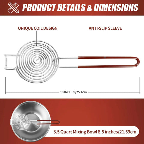 Egg Separator Spiral Tool For Yolk And White Kitchen Hack Stainless Steel Dishwasher Safe Extra Long Handle top view and dimensions