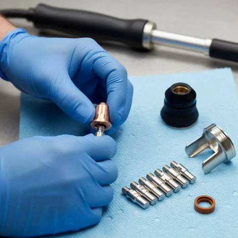 Pro Grade Torch Consumables Kit With Cutter Nozzles Electrodes Retaining Cap Insulating Cap And Washers, hand installing copper nozzle