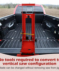 Portable band saw stand in truck bed, vertical setup, compatible with 6232 6238 2729 models, 0-60° adjustable angles