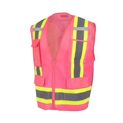 Fly High Vis Mesh Safety Vest For Crews Ansi Type O Class 1 Reflective Tape Lightweight Breathable Pink Work Pullover Extra Large with zipper and pockets.