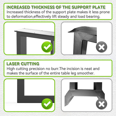 Detailed view of Black Metal Table Legs Set 28 Inch High By 24 Inch Wide, showing increased thickness and laser cutting precision.