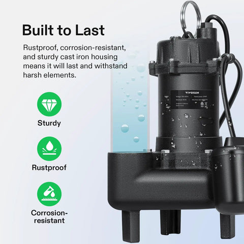 Beefy 3/4 HP Submersible Sewage Pump With Cast Iron Sump 4680 GPH Automatic Float Switch 2 Inch NPT, rustproof design