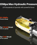 Close-up of a 8 Quart DC 12V Hydraulic Power Unit with 3200 PSI max, metal reservoir, highlighting pressure range and thrust details.