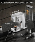 Premium Compact Espresso Maker With 20 Bar Italian Pump And Hella Smooth Milk Frother With Visual Pressure Gauge on countertop.
