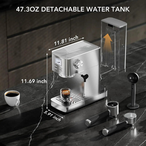 Premium Compact Espresso Maker With 20 Bar Italian Pump And Hella Smooth Milk Frother With Visual Pressure Gauge on countertop.