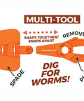 Beginner Fishing Tackle Box Kit With 25-Piece Multi-Species Gear includes orange spade and plier multi-tool for digging and hook work.