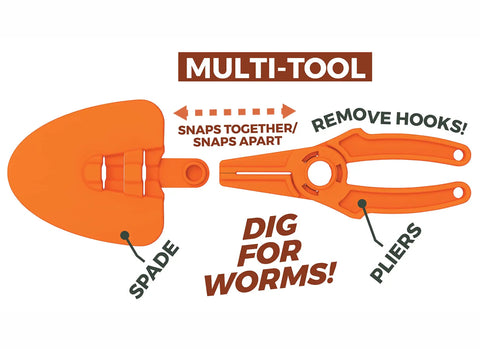 Beginner Fishing Tackle Box Kit With 25-Piece Multi-Species Gear includes orange spade and plier multi-tool for digging and hook work.