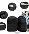 Frosty Polar Bear Printed Unisex Backpack open view showing compartments and zippers, large capacity durable polyester travel school bag.