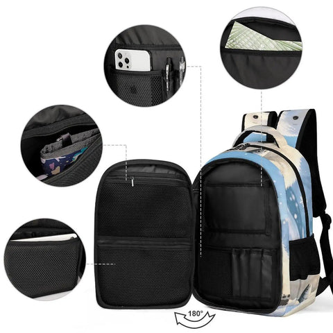 Frosty Polar Bear Printed Unisex Backpack open view showing compartments and zippers, large capacity durable polyester travel school bag.