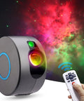Lit Night Light Star Projector Galaxy Projector with Remote Control nebula cloud display, grey device and remote in use