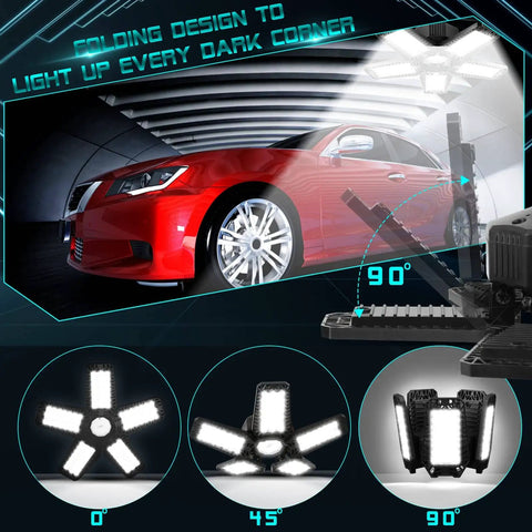 Ultra Bright 160W LED Garage Light With 16000LM Output 6500K Daylight Five Plus One Deformable Panels Screw In E26 E27 Base Ideal For Basement Workshop Attic Black Finish in use lighting a garage with a red car inside
