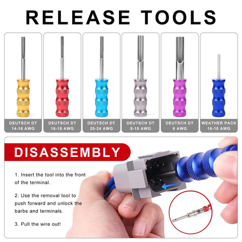 Deutsch DT Connector Crimp Kit with open barrel crimpers and Weather Pack terminals removal tool for auto wiring.