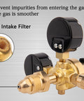CGA580 Argon/CO2 welding regulator with 6.6 ft hose, brass body and black knobs front view