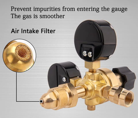 CGA580 Argon/CO2 welding regulator with 6.6 ft hose, brass body and black knobs front view