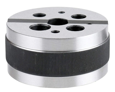 Machinist Bench Block 3 Inch Diameter 1.5 Inch Height Hardened Ground Steel With 1/8 to 5/8 Inch Holes Knurled Edge For Secure Grip V Groove Across Face For Round Stock Pin Driving And Drilling, top view