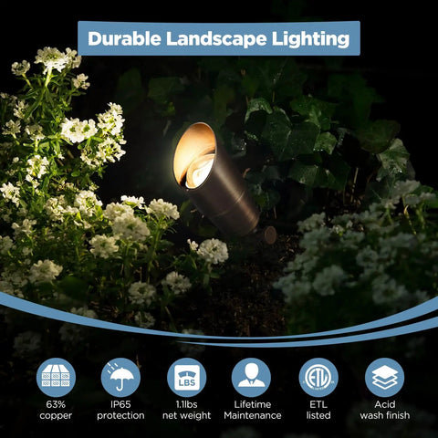 Solid Brass Outdoor Landscape Spotlights 12V Low Voltage LED Waterproof Garden Yard Up Lighting Bronze Finish Heavy Duty Brass Construction 6 Pack Without MR16 Bulb illuminating garden flowers at night.