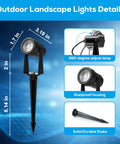 Outdoor landscape spotlights details with dimensions, adjustable lamp, rustproof housing, and durable stake.