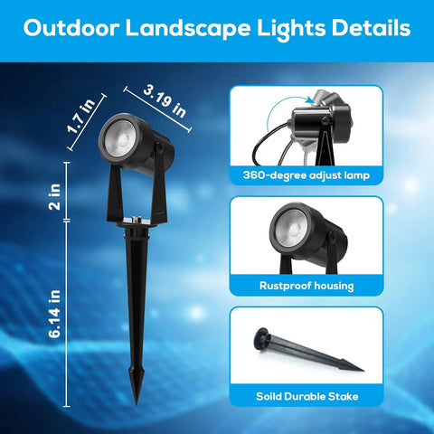 Outdoor landscape spotlights details with dimensions, adjustable lamp, rustproof housing, and durable stake.