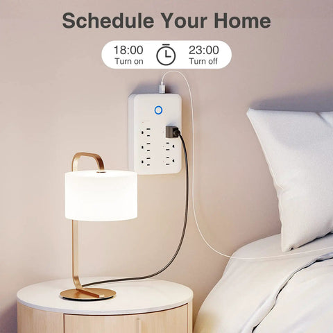 Smart Power Strip With 6 Outlets And 3 USB Ports, WiFi Surge Protector Works With Alexa And Google Home, wall-mounted by bed