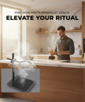 Hassle Free Pour Over Coffee Stand Featuring Adjustable Height Alloy Base With Non Slip Pad and Universal Round Ring for Hands Free Brewing on kitchen counter.